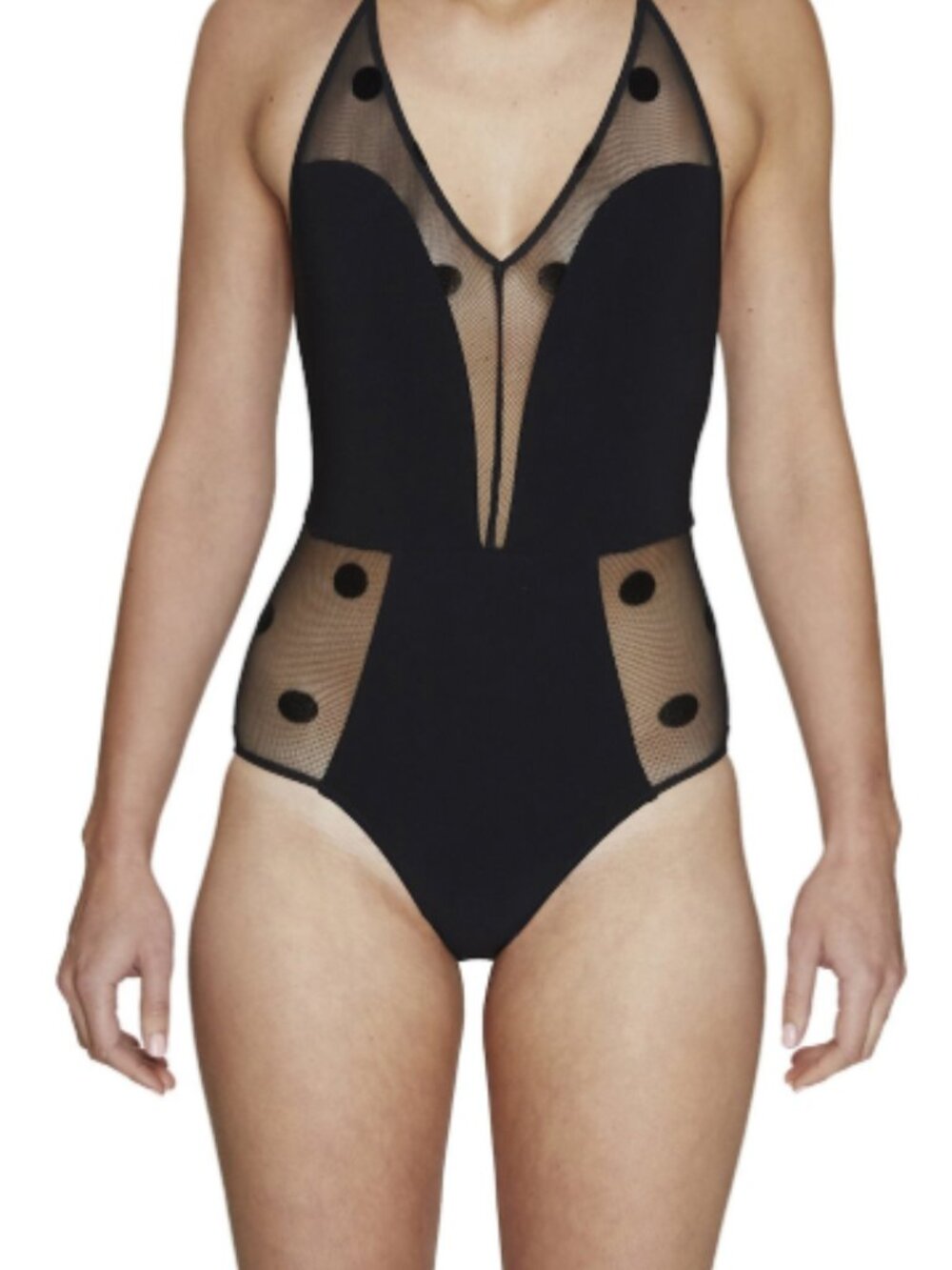 Emma Pake Polka Dot Sofia Swimsuit Black Sheer Mesh One Piece Size Small NWT